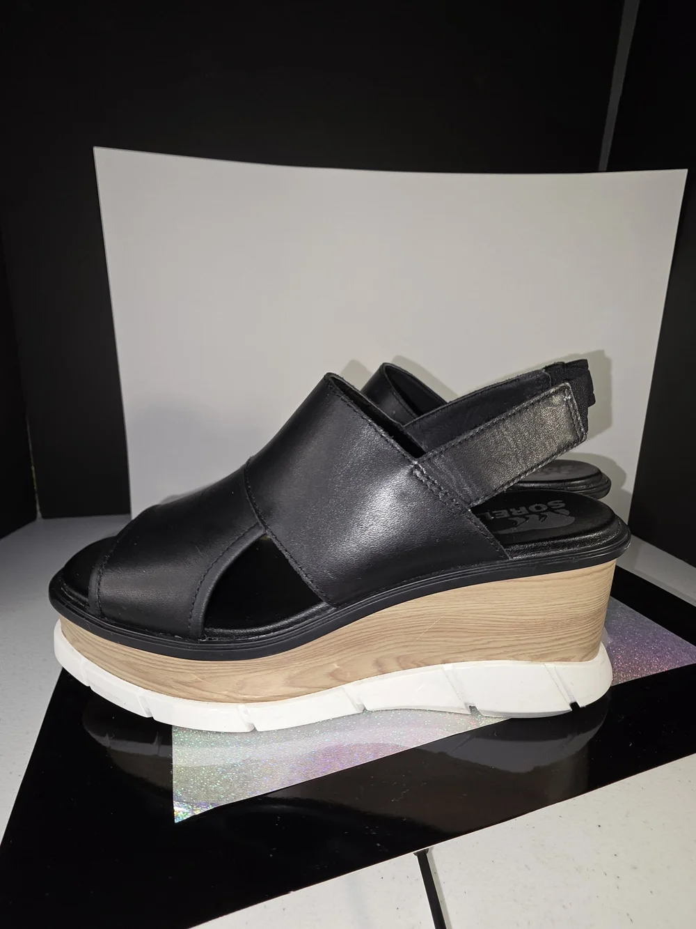 Sorel Joanie III Slingback Platform Wedge Sandals Black Leather 8.5